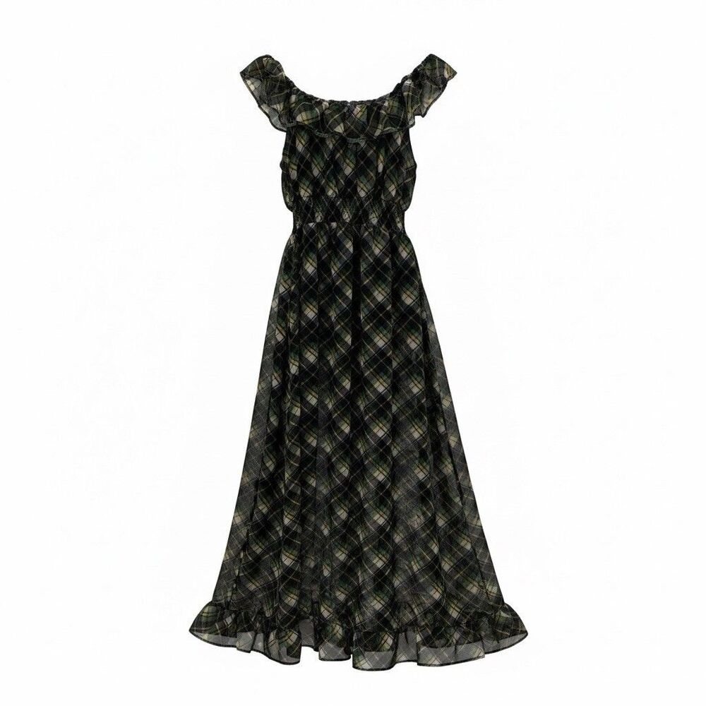 Mossimo Supply Plaid Tartan Maxi Dress Size Medium Retro Whimsigoth Party FLAW